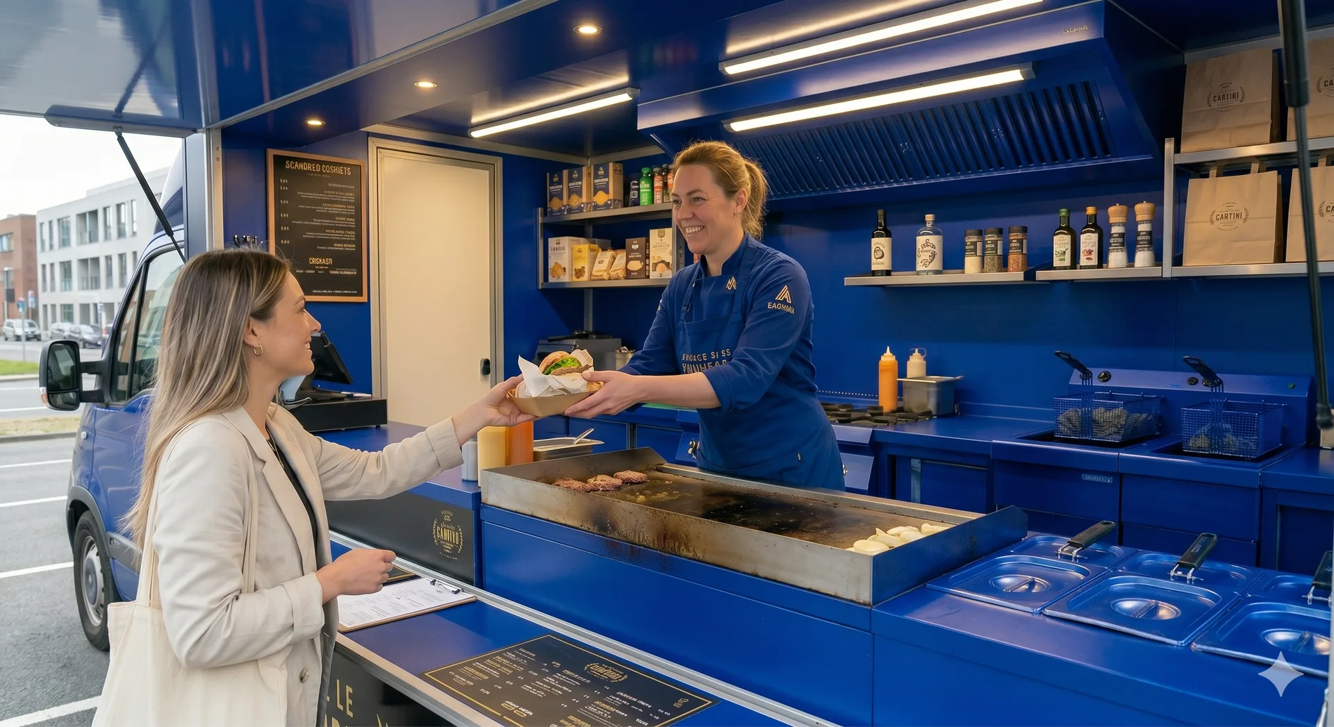 Plan Start : Illustration d'un chef travaillant dans son food truck, idéal pour un site vitrine avec planning en direct.